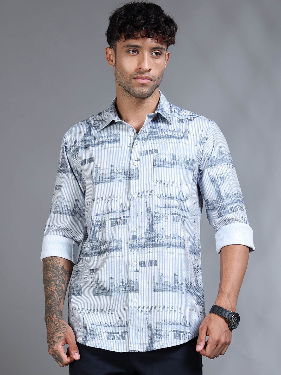 RIGS AND RAGS Men Classic Printed Spread Collar Roll-Up Sleeves Casual Shirt