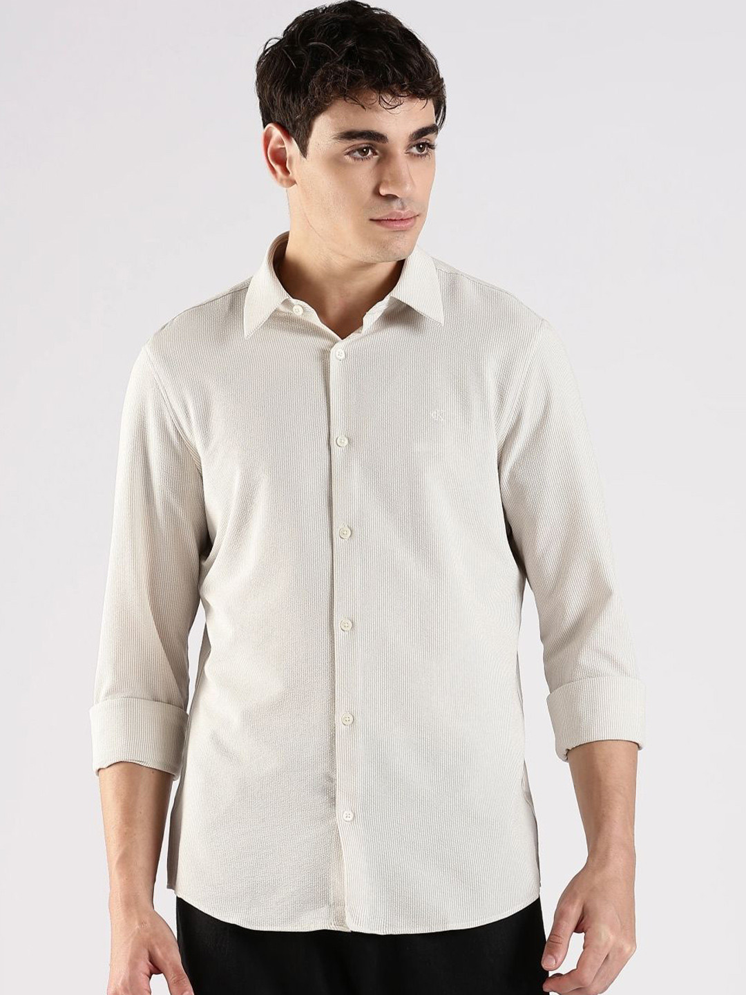 Calvin Klein Jeans Men Textured Slim Fit Spread Collar Long Sleeves Casual Shirt