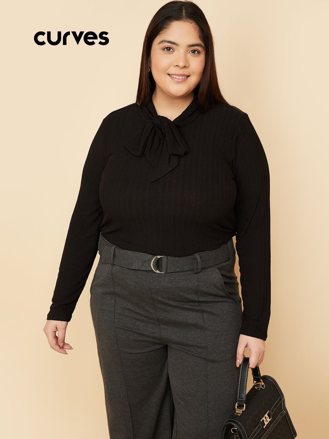 max Women Ribbed Tie-Up Long Sleeve Plus Size Top