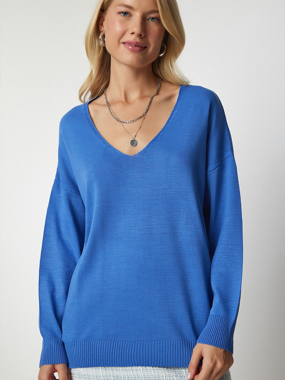 Happiness istanbul Women Gk Mavi V-Neck Long Sleeves Pullover Sweaters