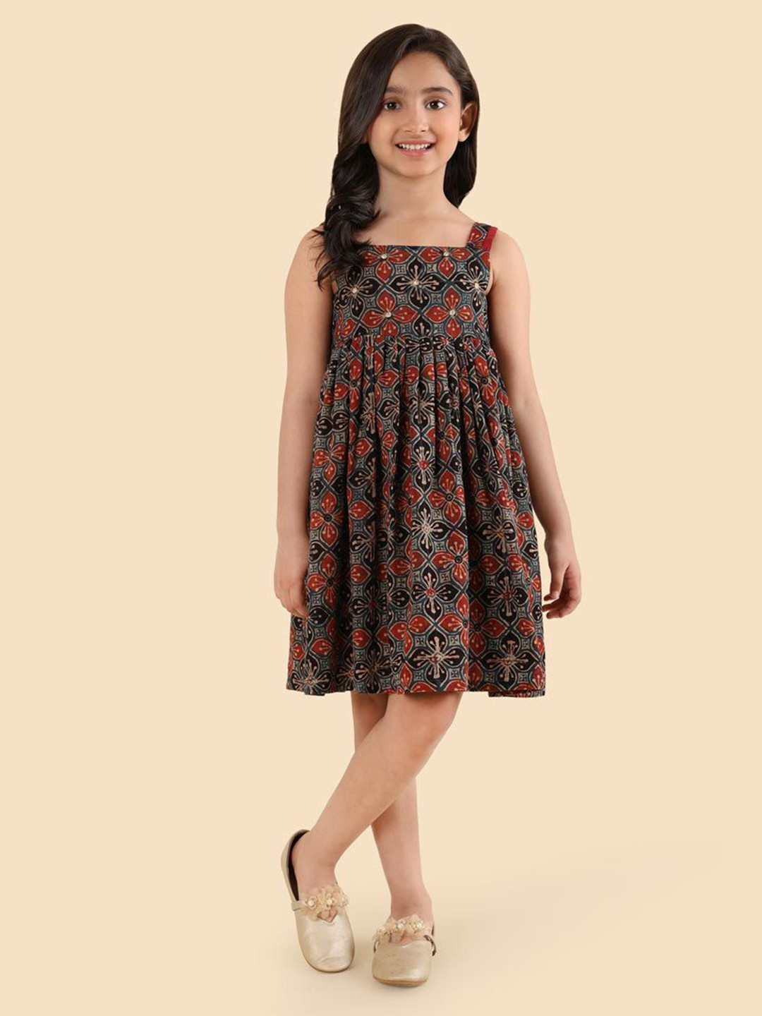 Fabindia Girls Ajrakh Print Sleeveless Fit & Flare Knee Length Dress