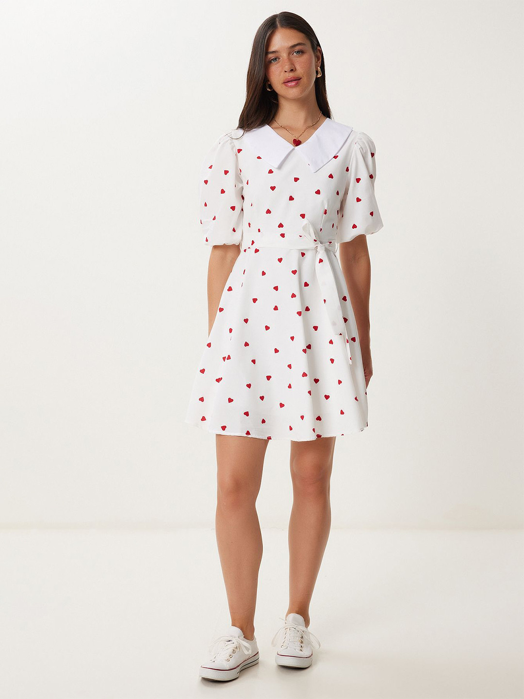 Happiness istanbul Print Peter Pan Collar Puff Sleeve Fit & Flare Dress