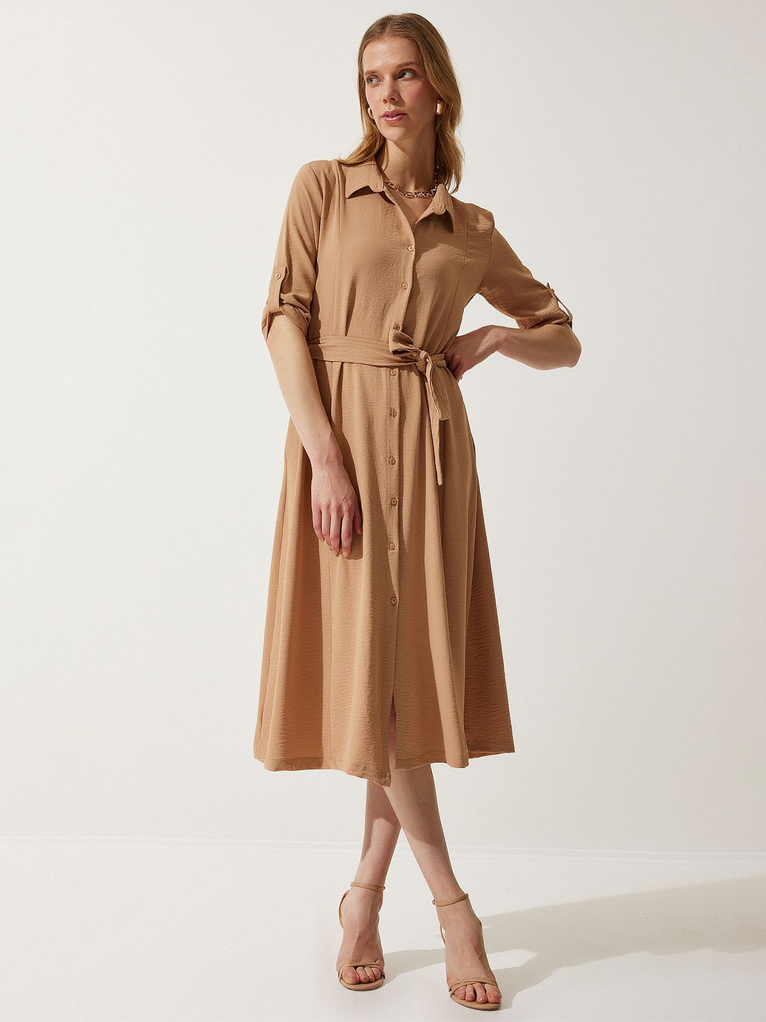 Happiness istanbul Camel Women Roll-Up Sleeves Shirt Midi Dress
