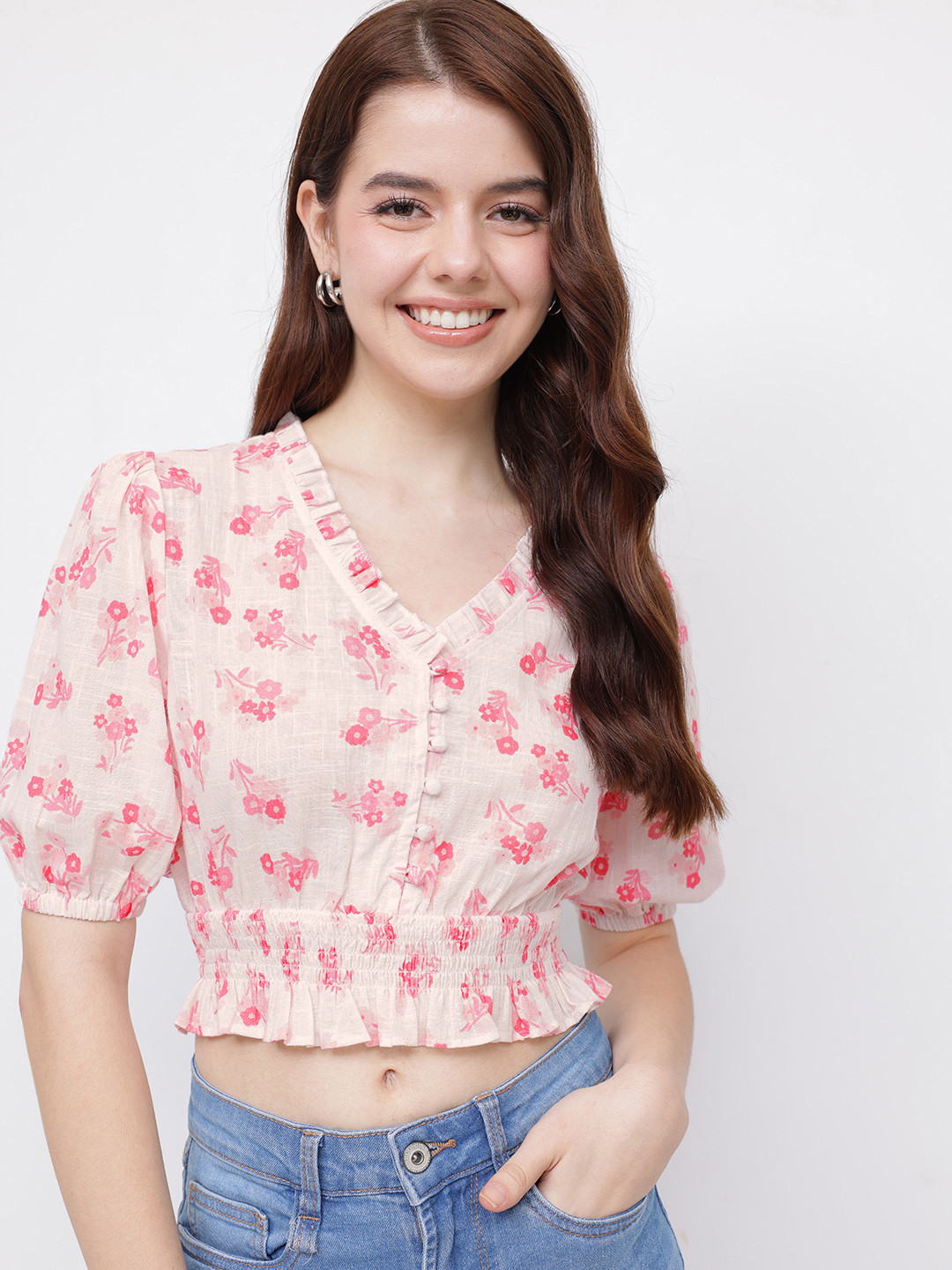 glitchez Floral Print Ruffle Trim Smocked Cotton Blouson Crop Top