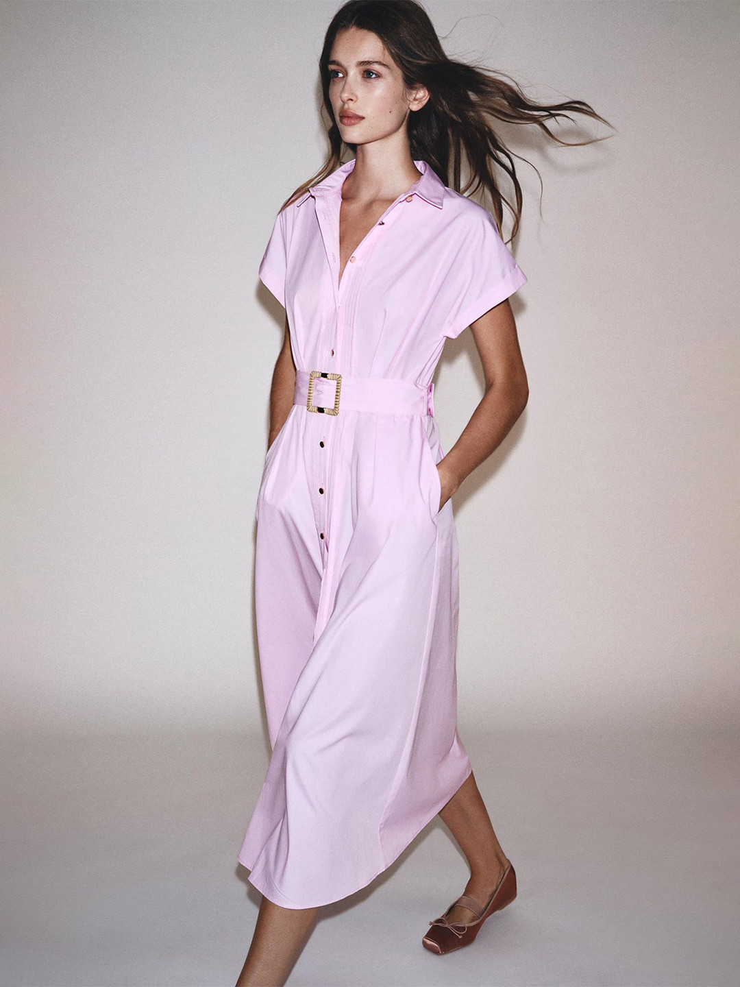 LULU & SKY Women Solid Belted Short Sleeves Pleated Shirt Midi Dress