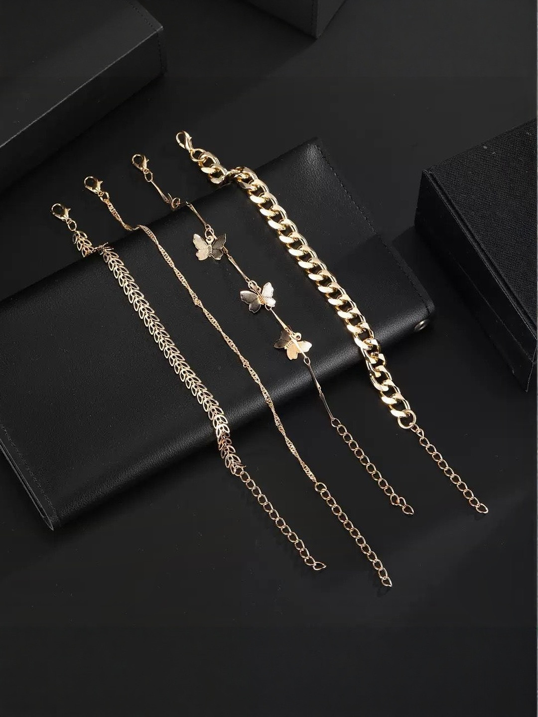 DressBerry Set Of 4 Gold-Plated Butterfly & Leaf Charm Bracelet