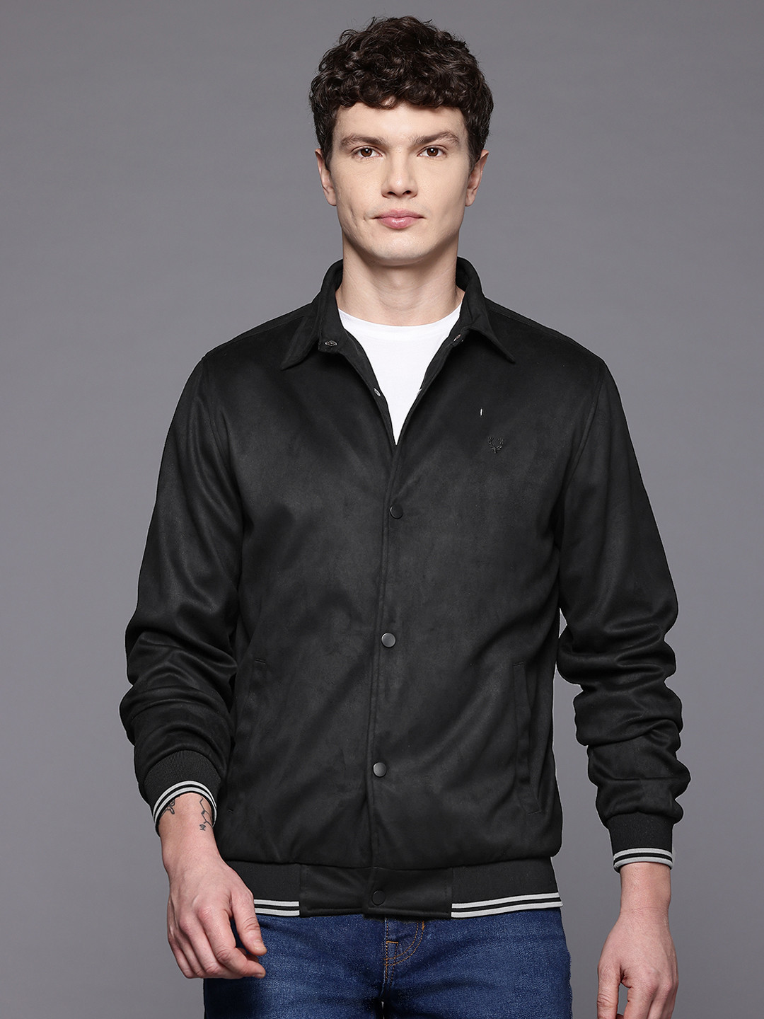 Allen Solly Spread Collar Faux Leather Trim Bomber Jacket