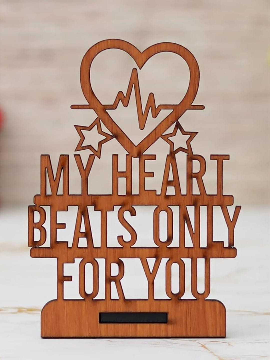 eCraftIndia Wooden My Heart Beats for You Showpiece Brown Valentine's Day Gift Set