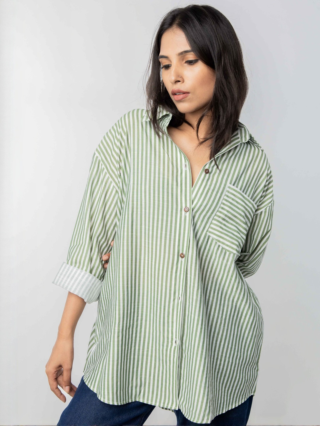 PRET PITAARA Striped Roll-Up Sleeves Cotton Shirt Style Top