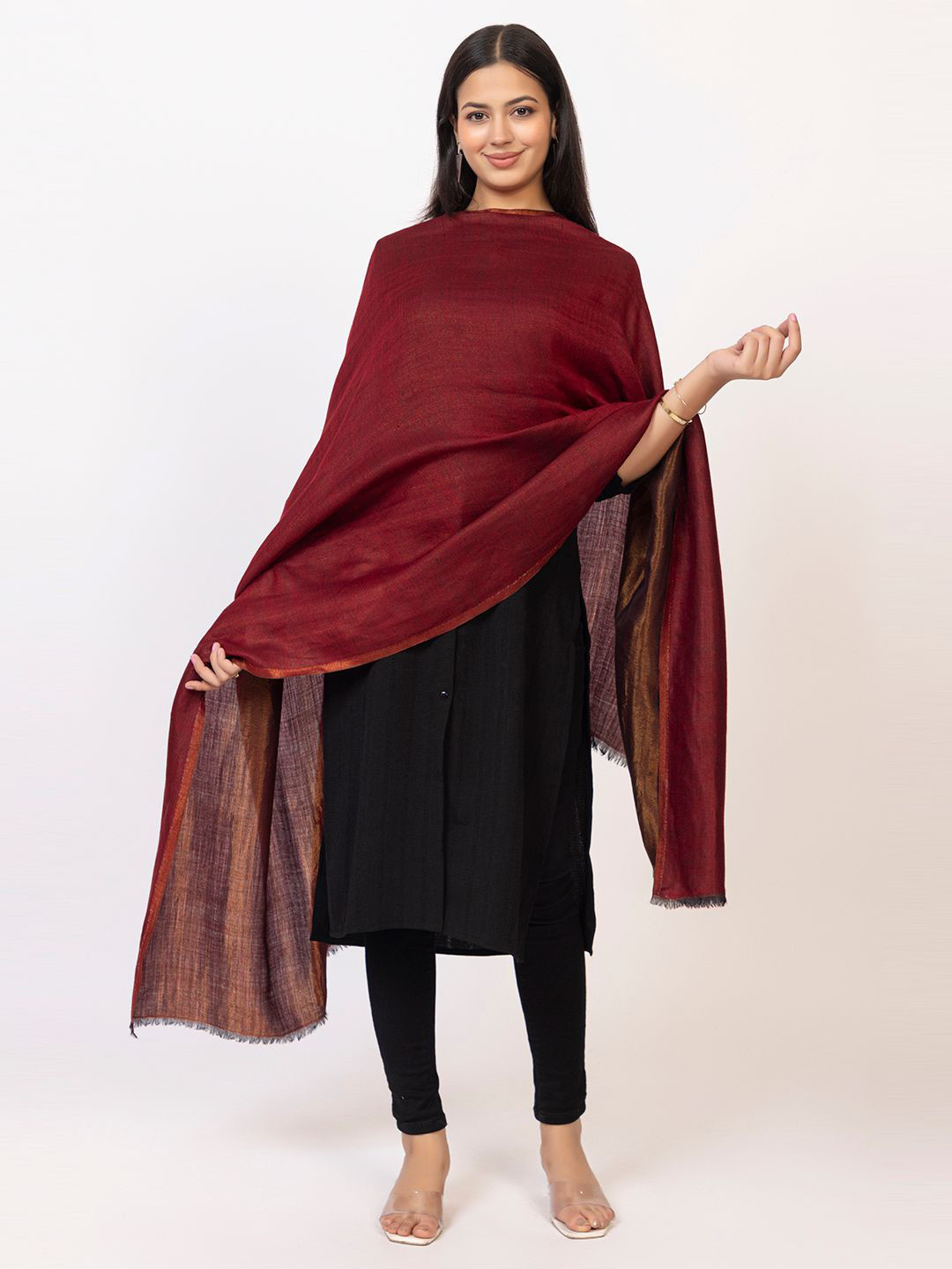 TILLAARI Women Wool Blended Stole with Fringed Border