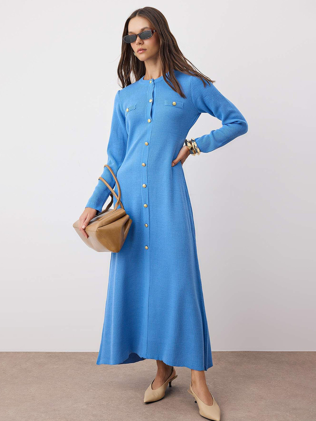 Trendyol Women Ribbed Utility Pockets Round Neck Long Sleeve Sheath Maxi Dress