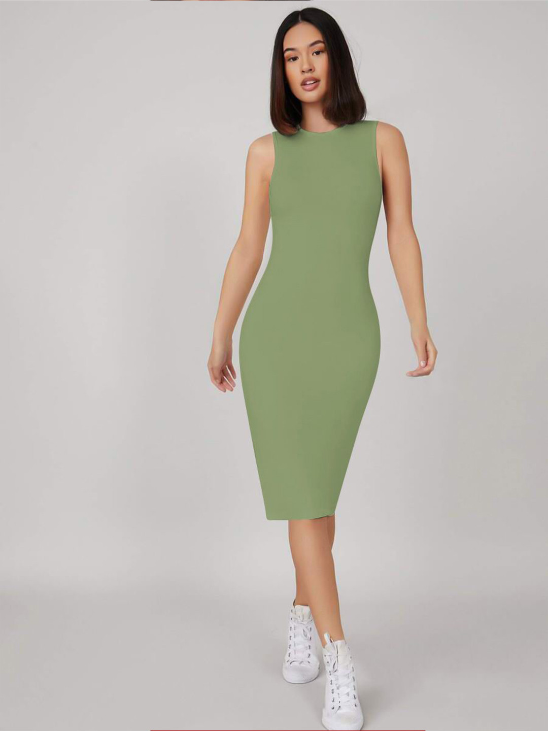 TOOCHKI Women Round Neck Back Slits Bodycon Midi Dress