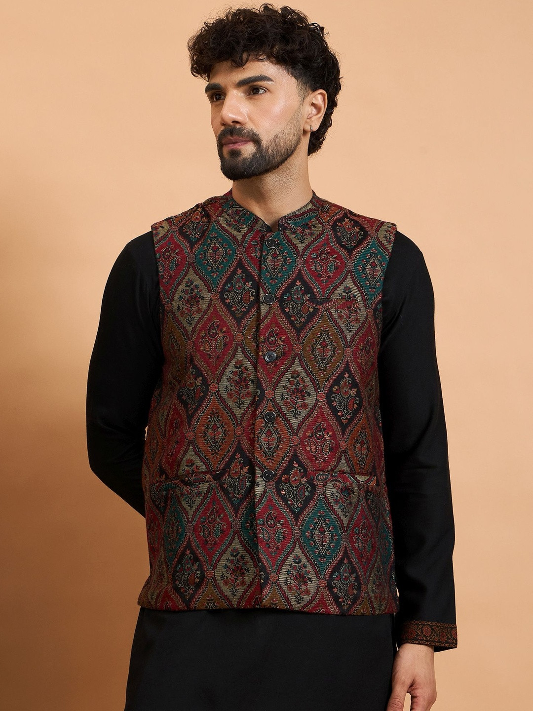 House of Pataudi Winter Pashmina Men Woven Design Winter Nehru Jacket