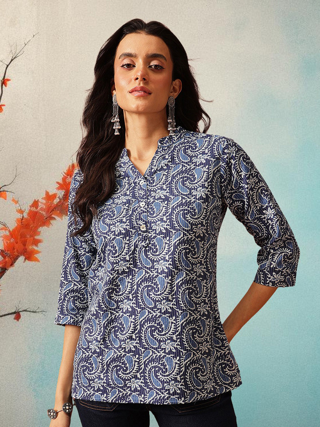 FEMBLISS Paisley Printed Mandarin Collar Straight Short Kurti