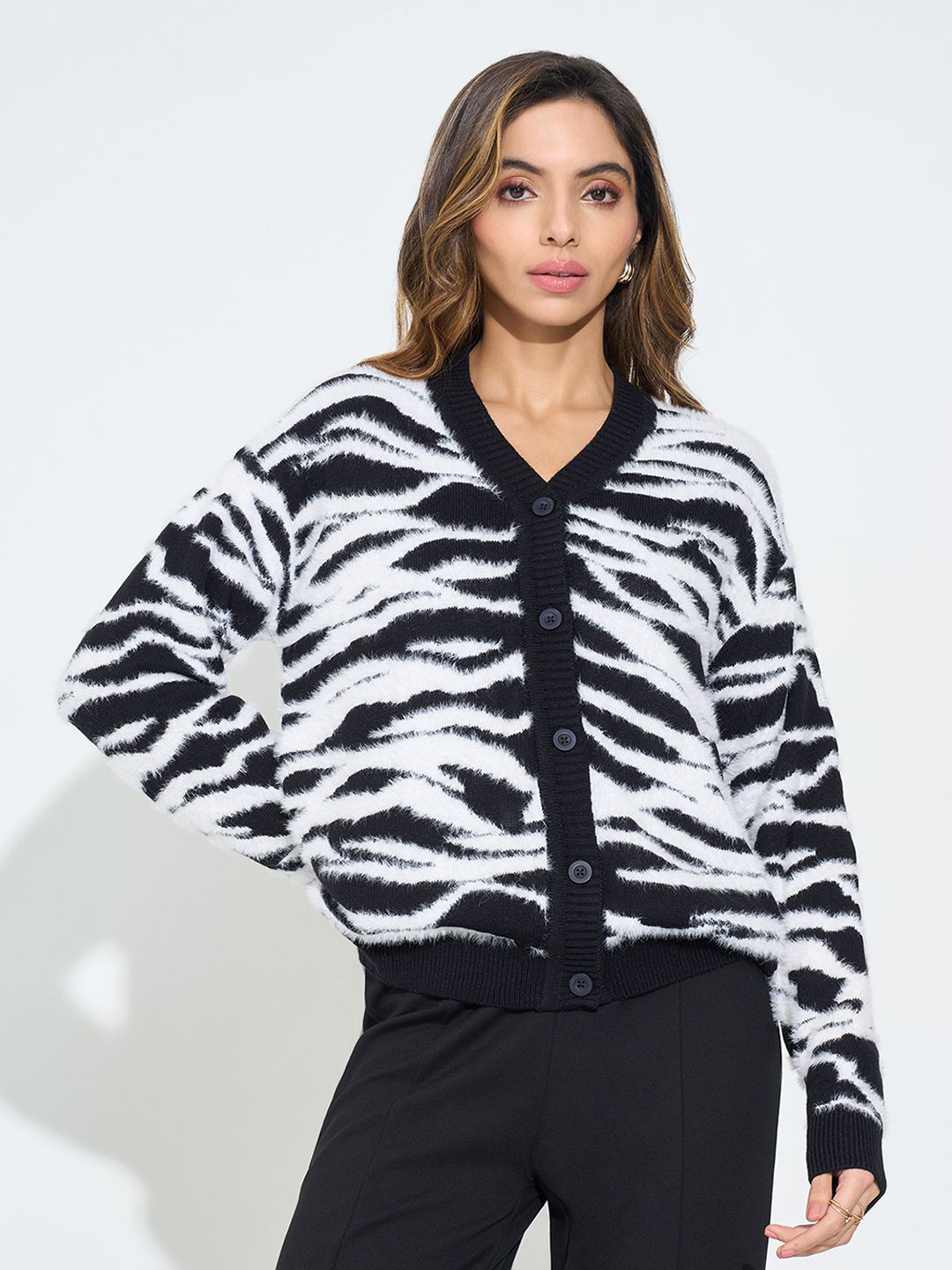 Annabelle by Pantaloons Women Animal Printed Cardigan with Fuzzy Detail