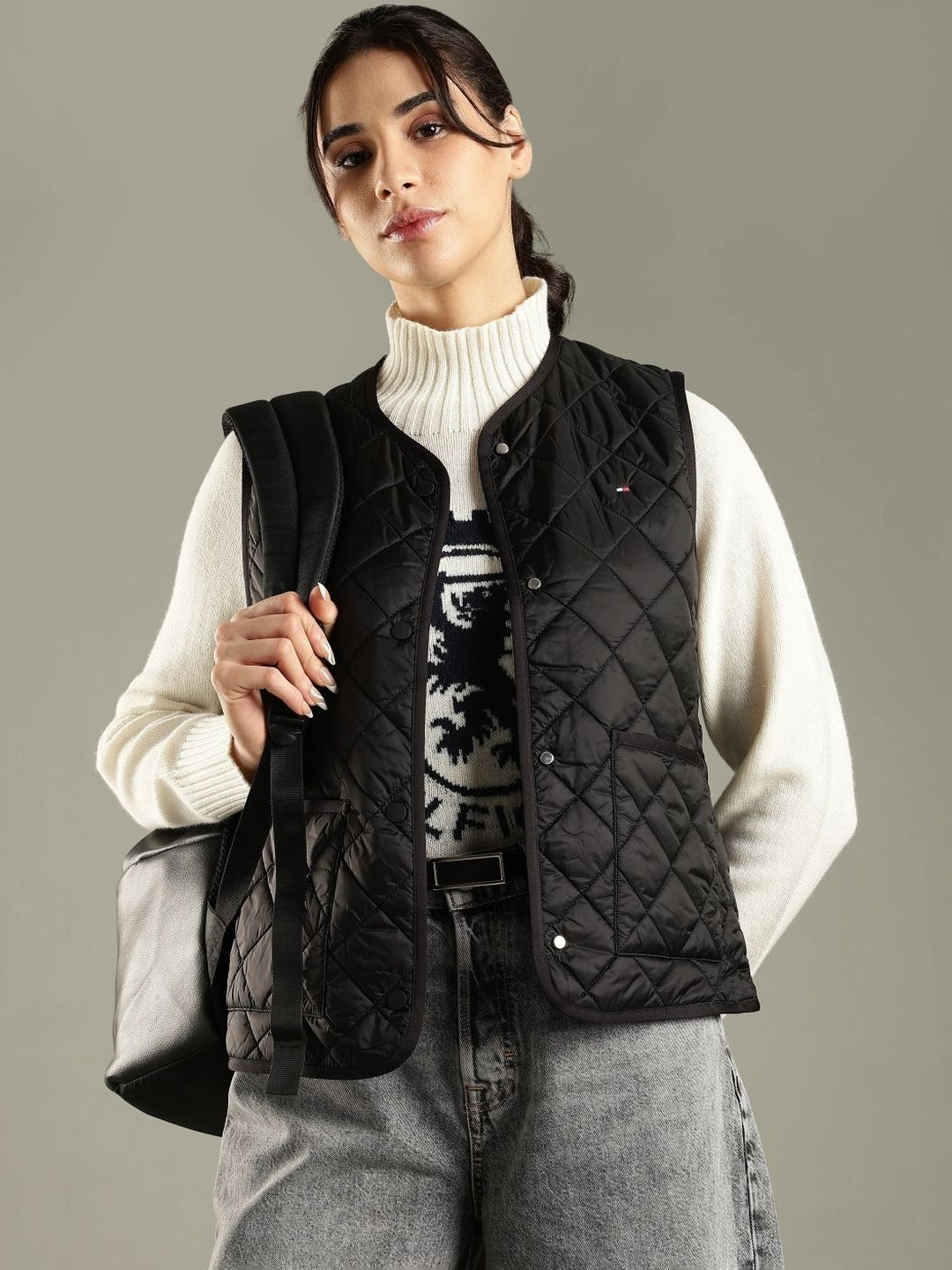 Tommy Hilfiger Women Collarless Self Design Lightweight Gilet Jacket