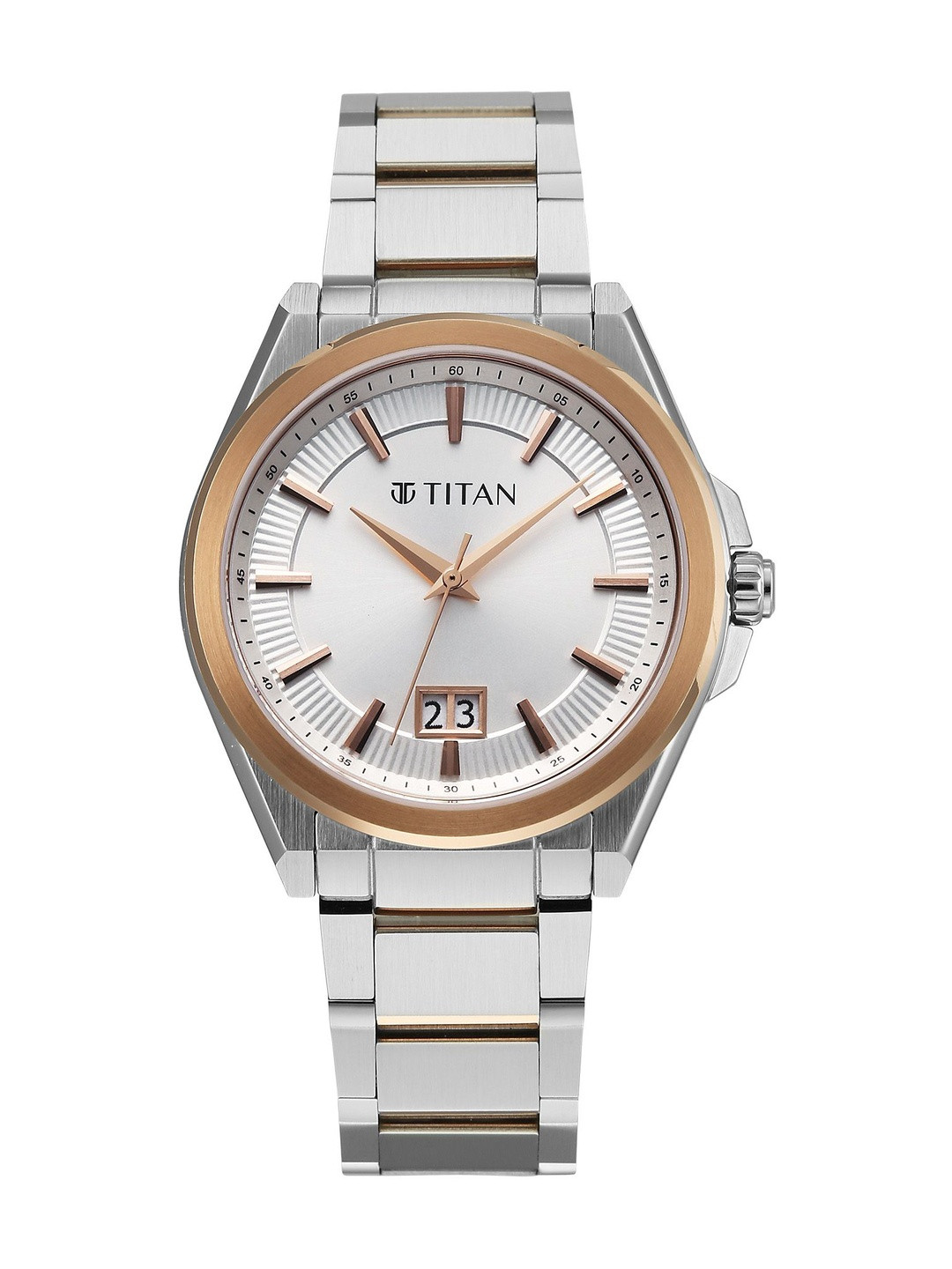Titan Men's Classique Big Date Quartz Silver Round Dial Watch - 90219KM01