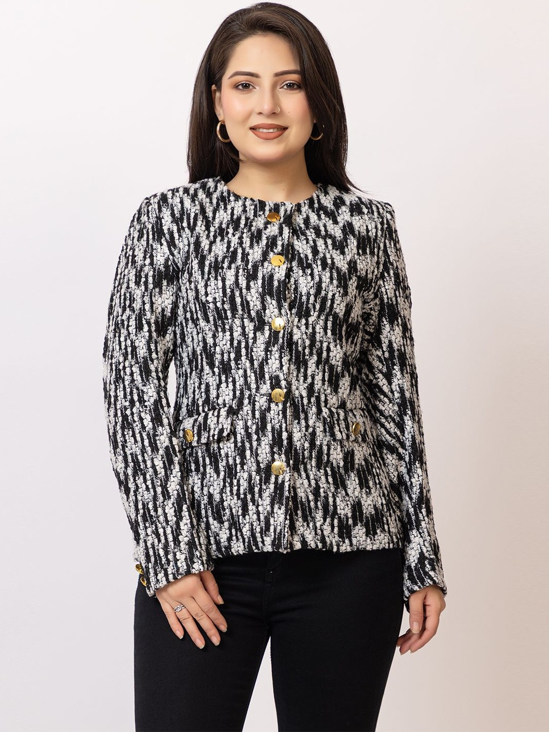 LASOON Self Design Round Neck Single Breasted Woolen Tweed Blazer