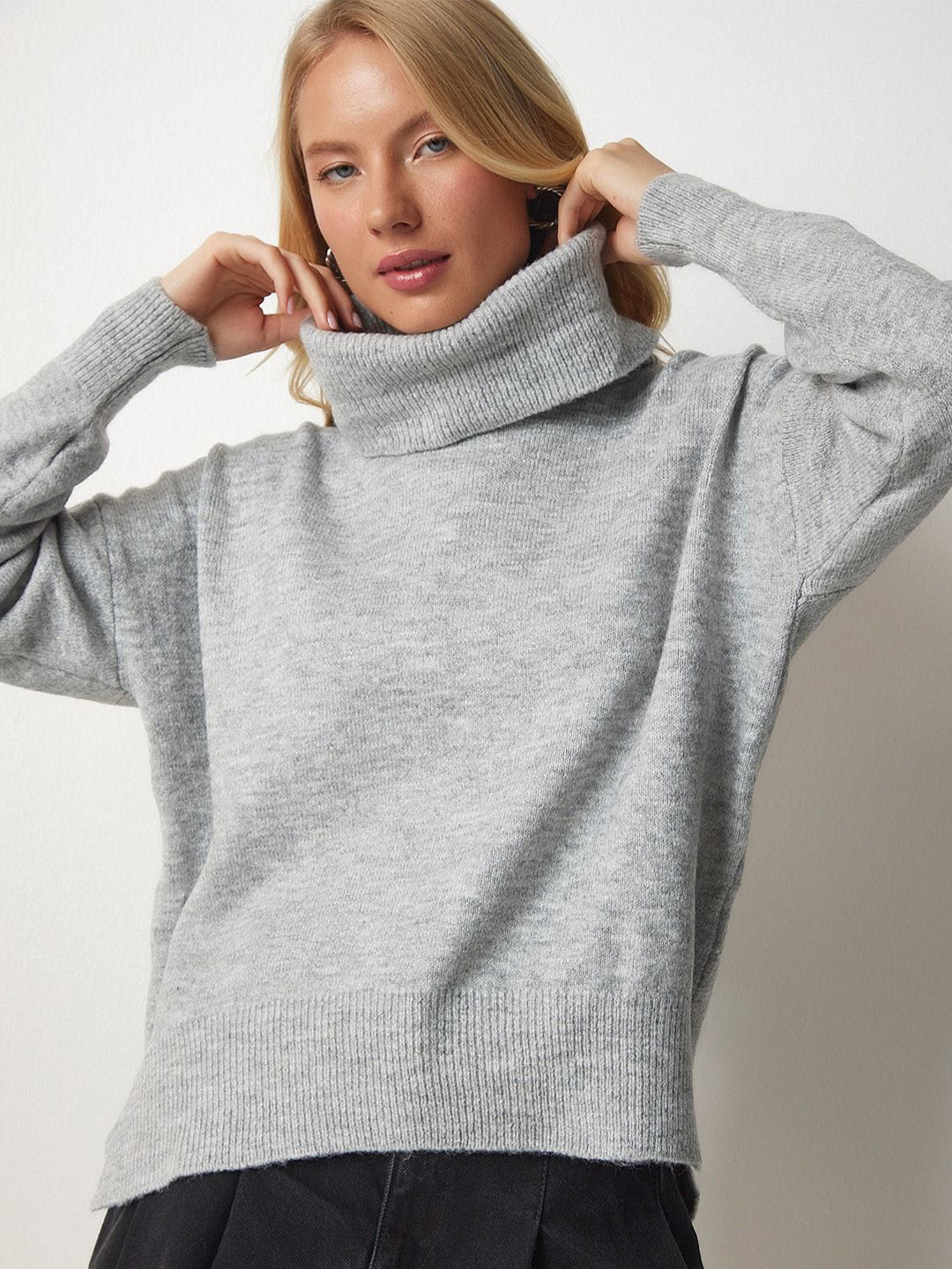 Happiness istanbul Gri Women Ribbed Turtle Neck Pullover Sweater