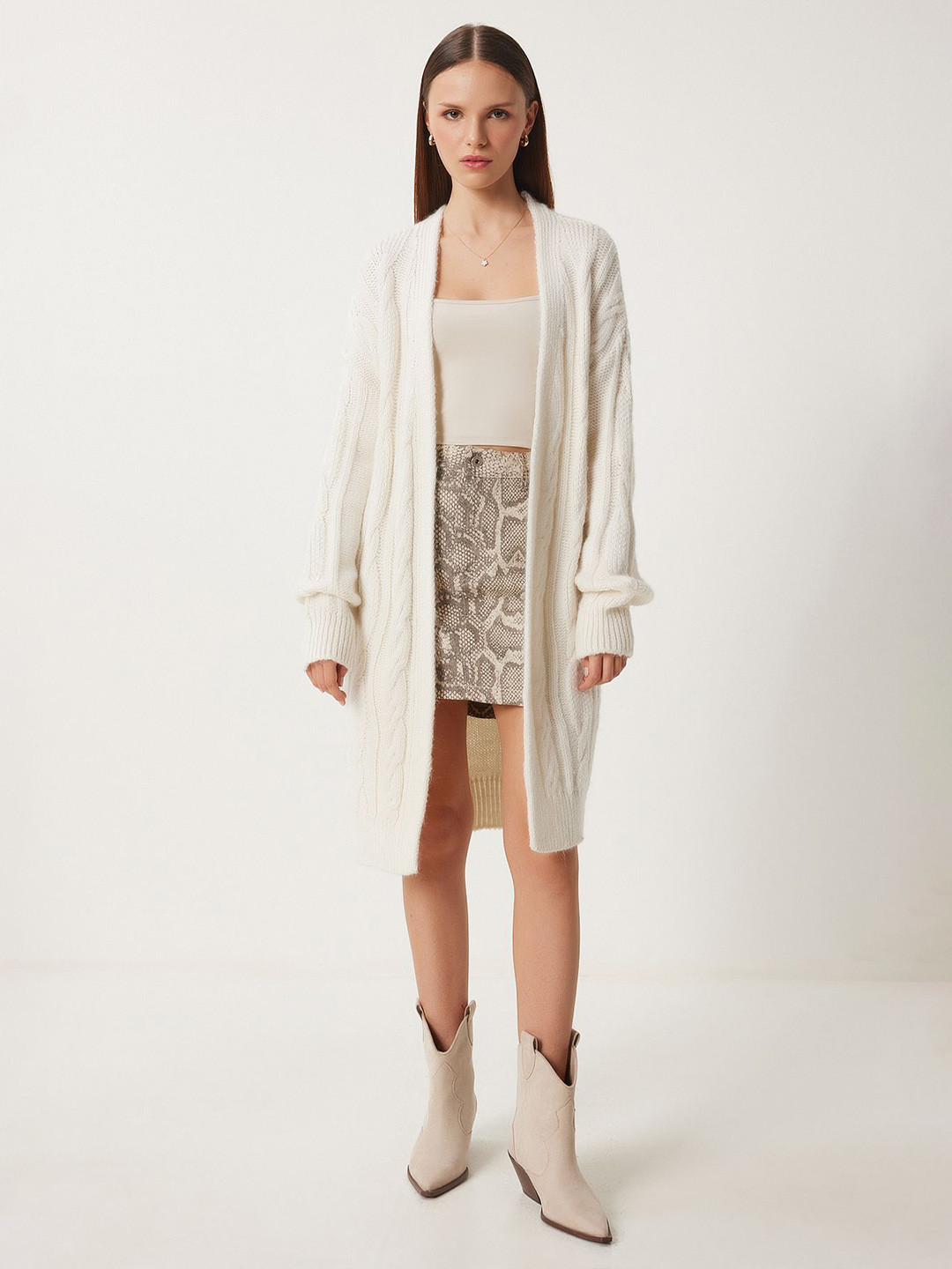 Happiness istanbul Ekru Women Self Design Pure Cotton Cable Knit Cardigan Sweater