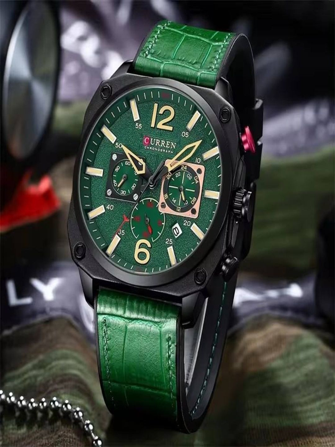 Curren Men Brass Dial & Leather Textured Straps Analogue Watch CR-8398-Green