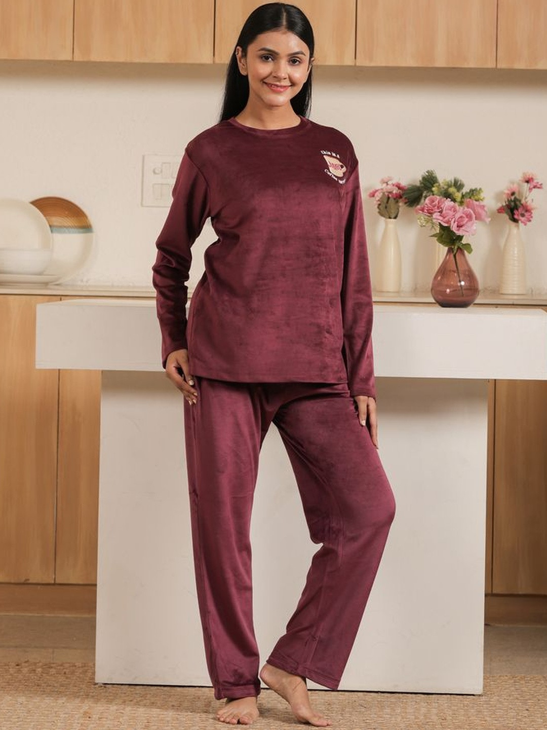KIZA Women Round Neck Long Sleeves Night suit