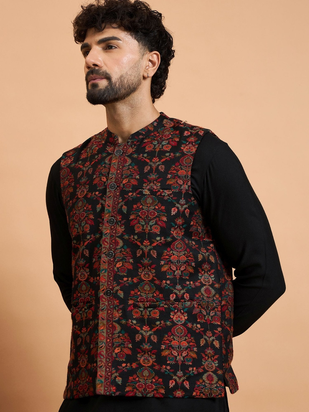 House of Pataudi Winter Pashmina Woven Design Nehru Jacket