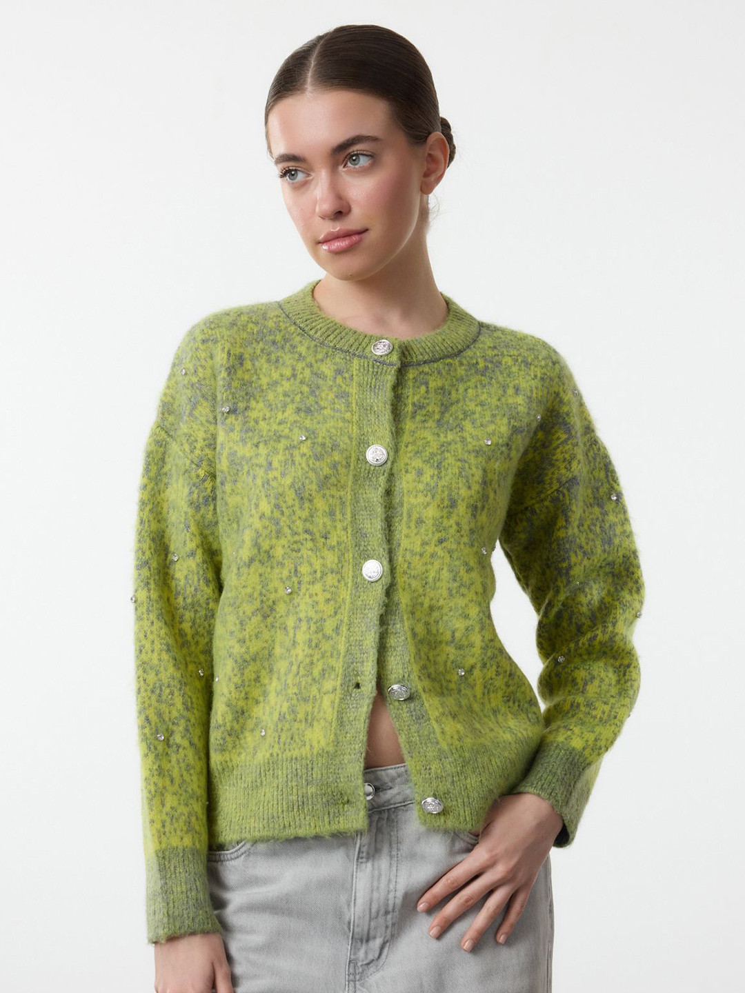 Trendyol Gri Women Round Neck Speckled Cardigan Sweater with Embellished Detail