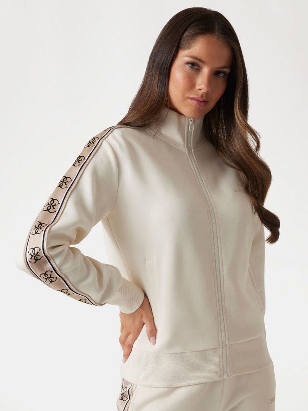 GUESS Women Solid High Neck Long Sleeve Front-Open Sweatshirt