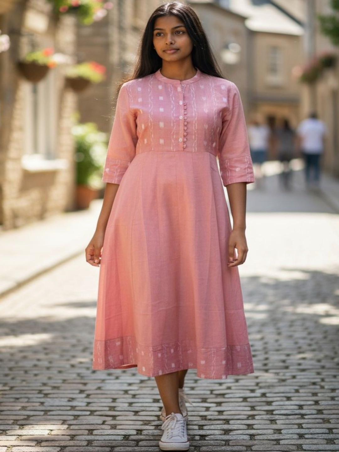 WE Handloom Women Abstract Printed Mandarin Collar Pure Cotton Fit and Flare Ethnic Dress