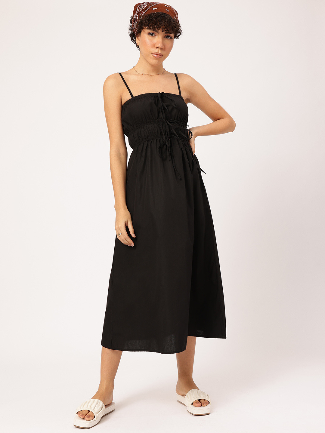 glitchez Ruching Tie-Up Detail Pure Cotton Shoulder Straps A-Line Midi Dress