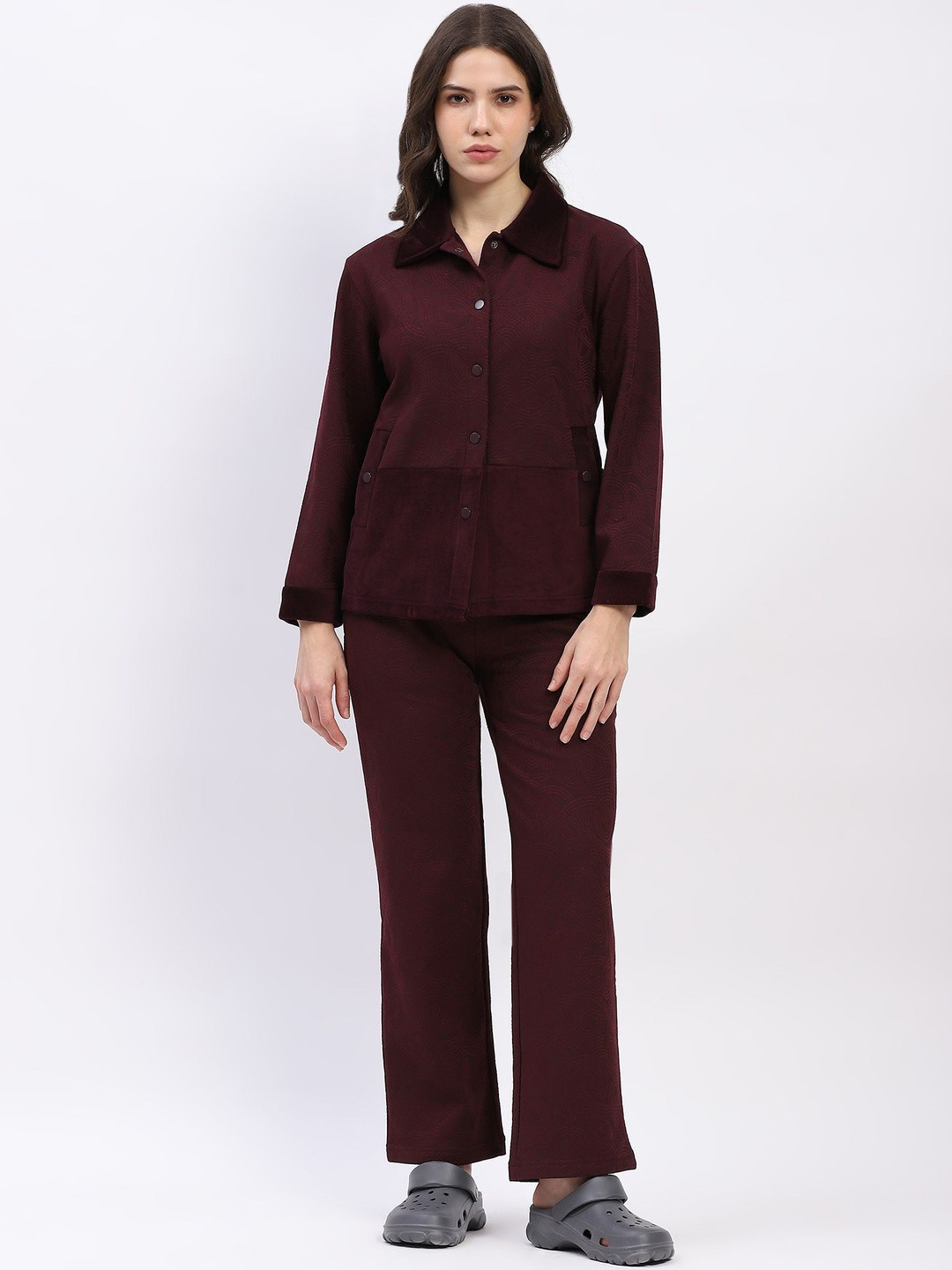 Global Republic Women Self Design Shirt Collar Shirt and Pyjamas Night suit