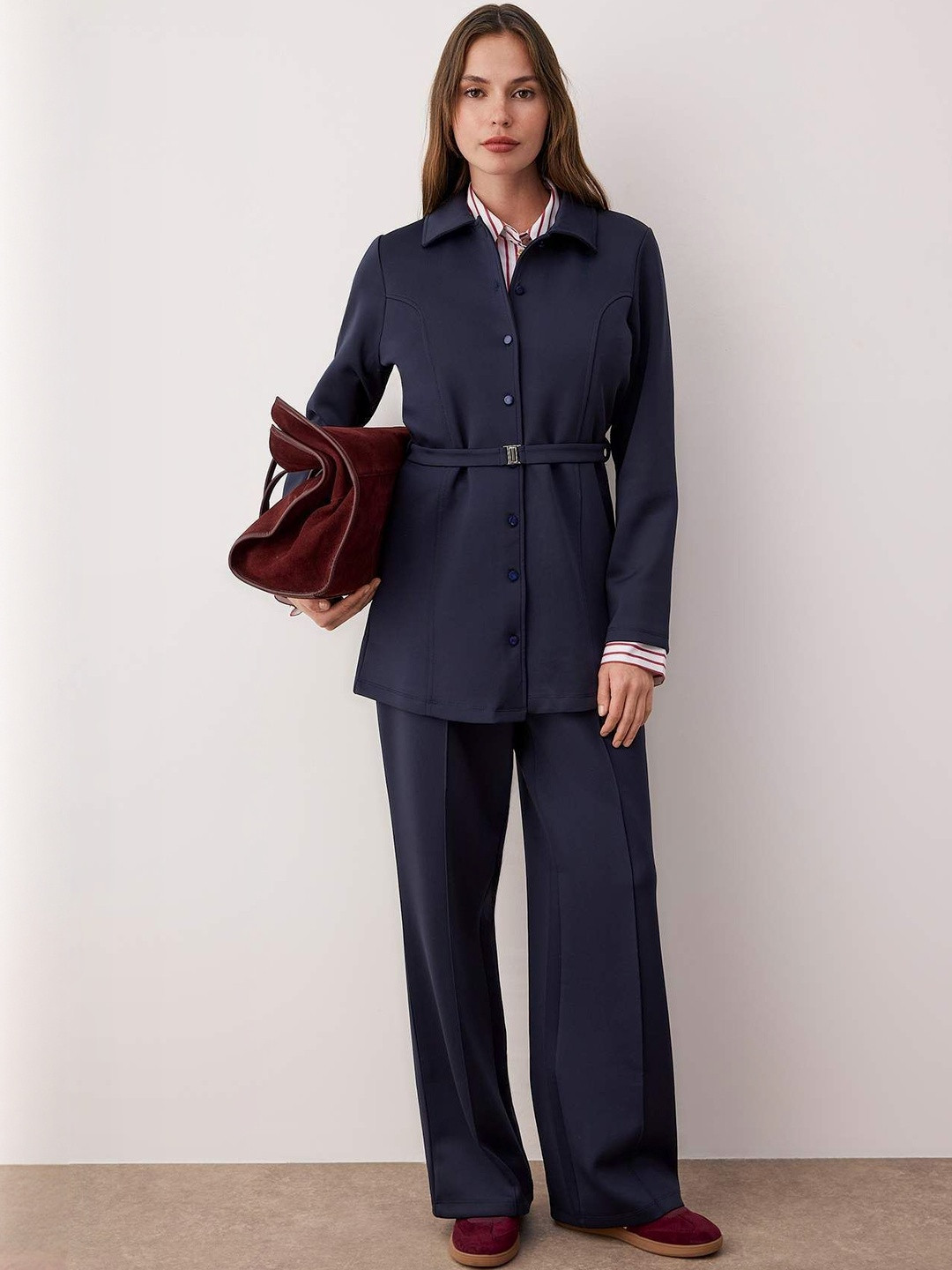 Trendyol Shirt Collar Coat & Trousers With Belt