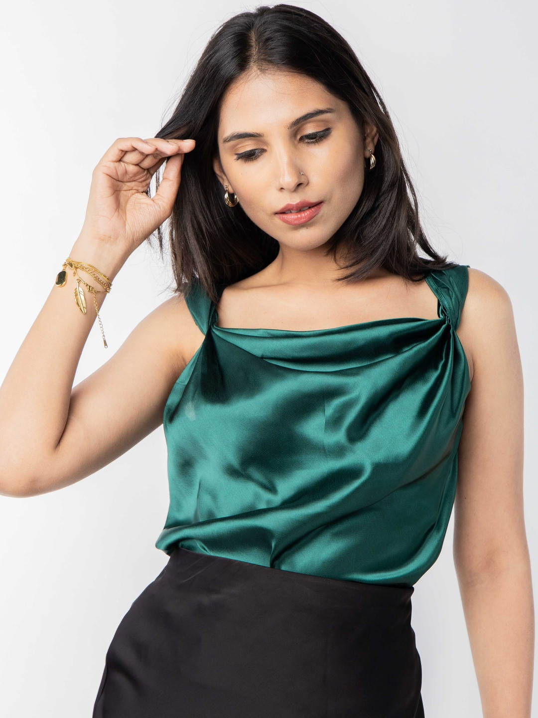 PRET PITAARA Cowl Neck Satin Top