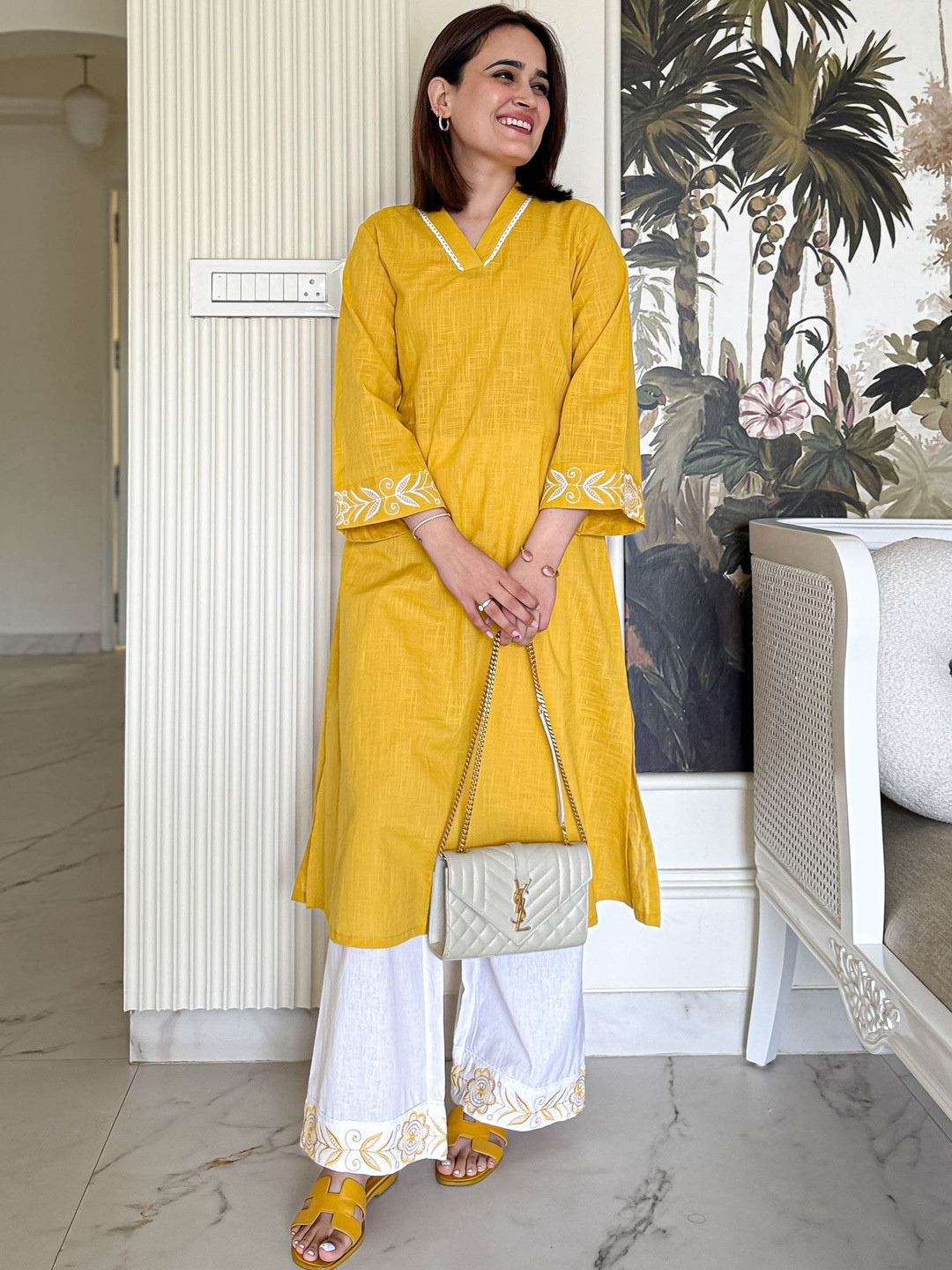 MARIONETTEFASHION V-Neck Pure Cotton Tunic With Trousers Co-Ords