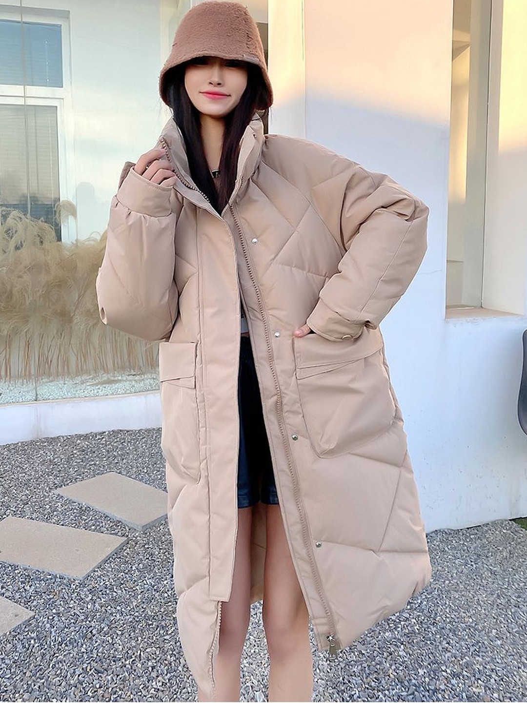 bebe Stand Collar Long Sleeves Longline Lightweight Puffer Jacket