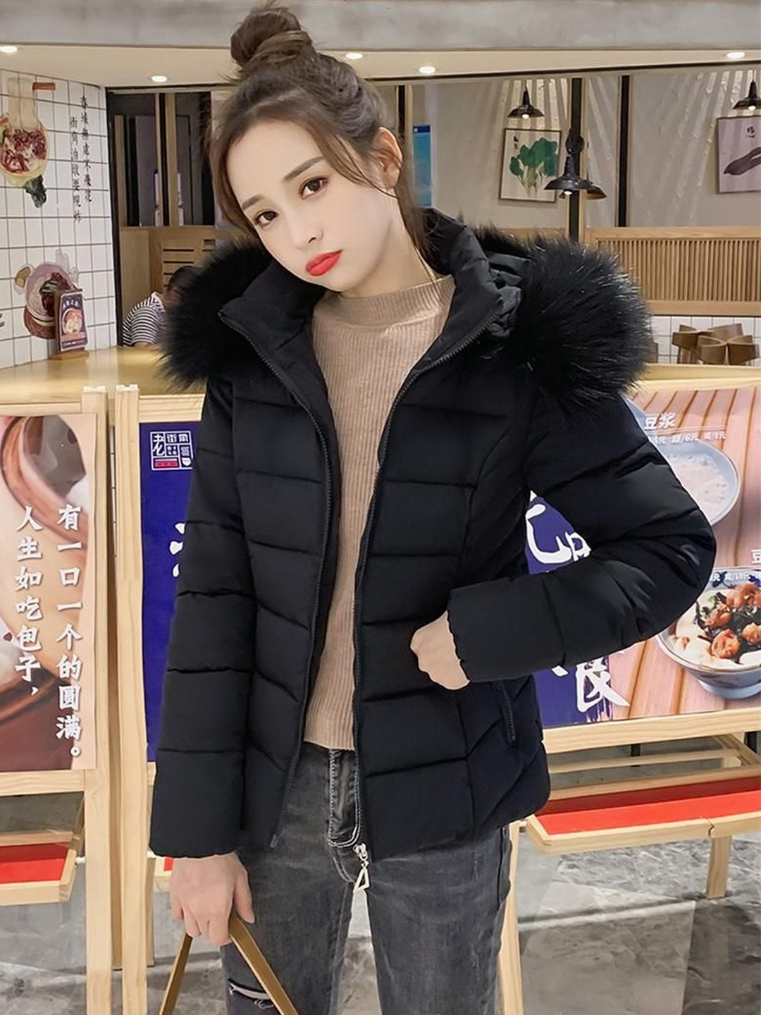 bebe Woven Faux Fur Trim Hooded Puffer Jacket