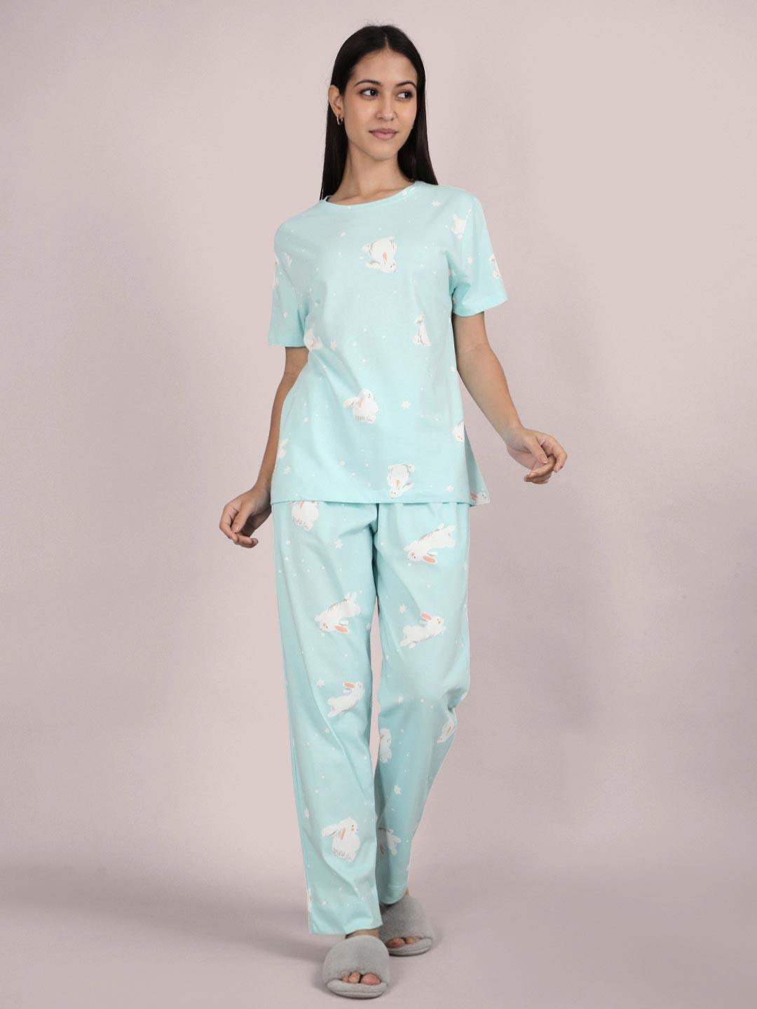 TWIN BIRDS Women Printed Cotton Relaxed Fit Functional Pockets T-shirt-Pyjamas Night suit