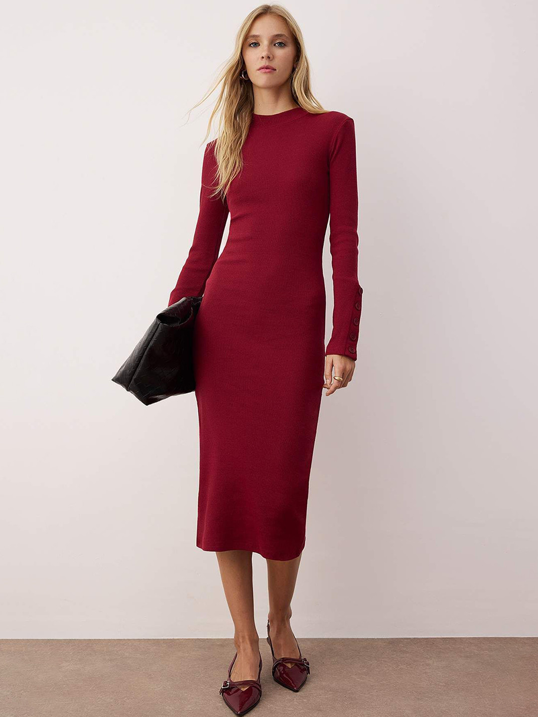 Trendyol Bordo Women Round Neck Long Sleeves Sheath Midi Dress