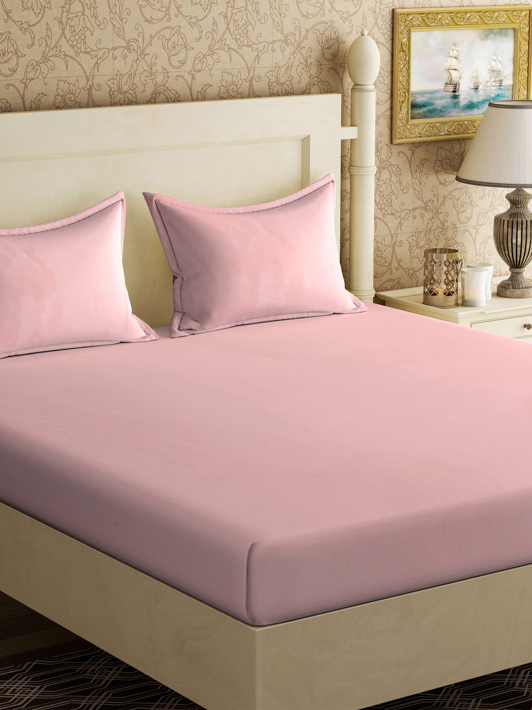 Myntra Elegant Homes Book Fold Pink 300 TC Fitted King Bedsheet Set 2.5m x 2.25m