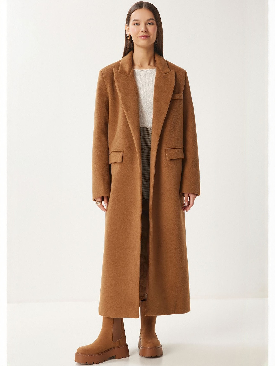 Happiness istanbul Women Solid Wool Cotton Front Open Notched Collar Overcoat Coat