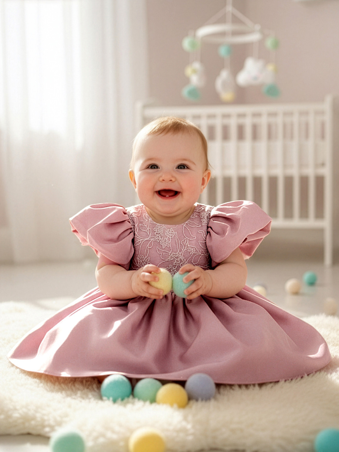 YK Infant Girls Puff Sleeve Satin Floral Dress with Detachable Bow