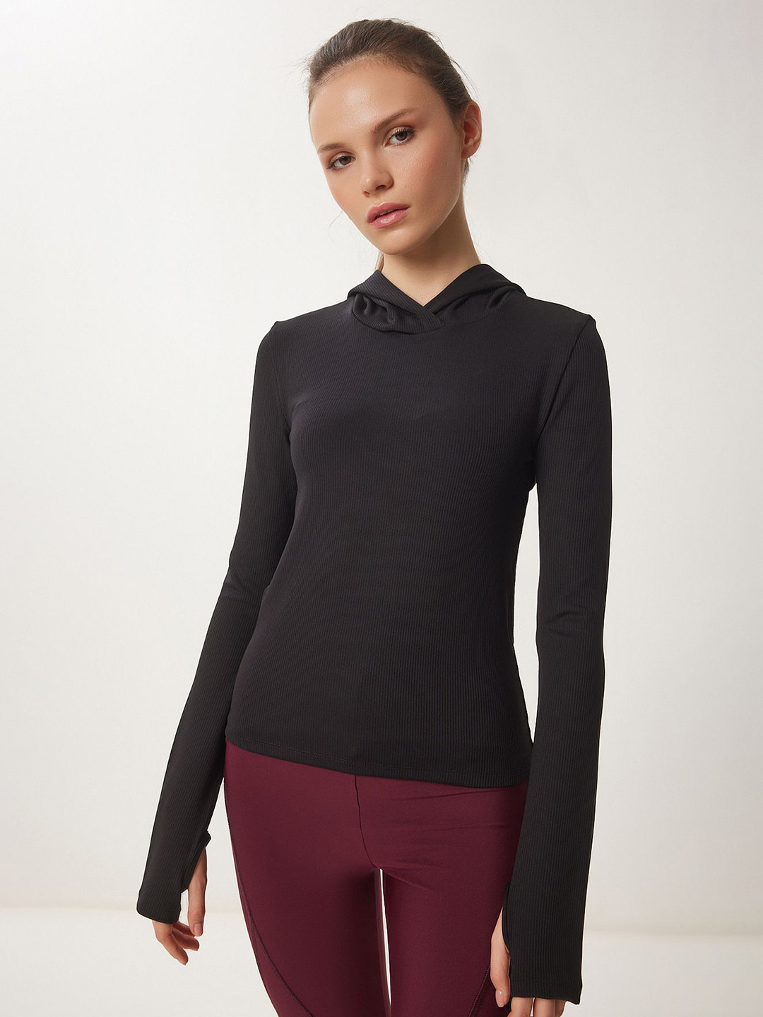 Happiness istanbul Women Hooded Ribbed Long Sleeves Styled Back Pullover Sweatshirt