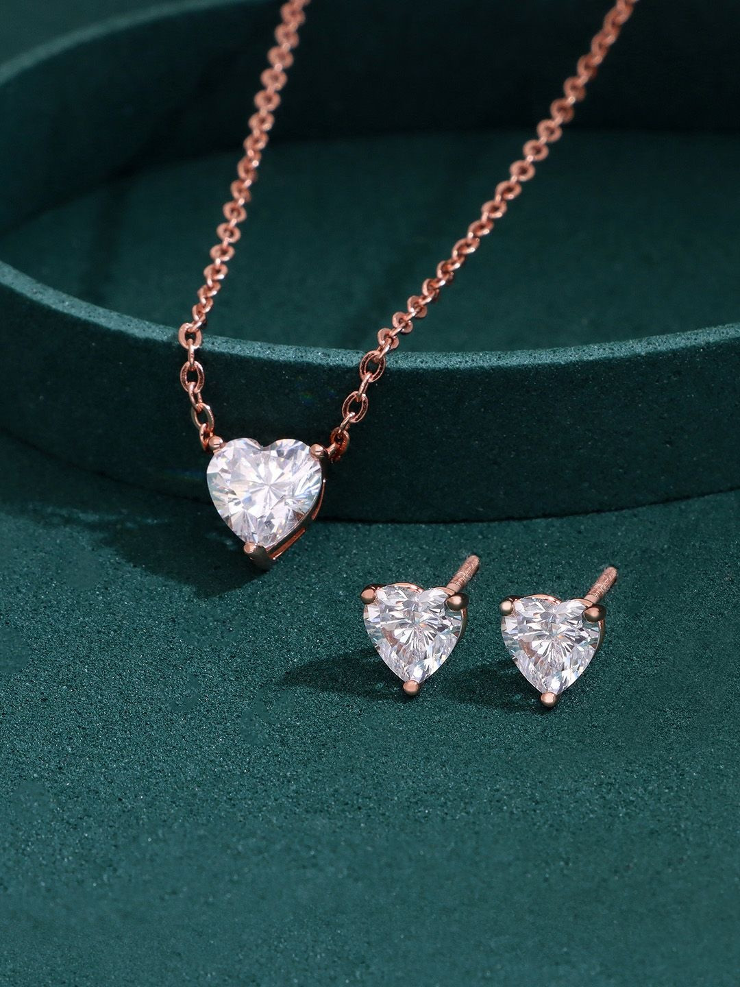 KAI JEWEL Sterling Silver Rose Gold-Plated Cubic Zirconia Studded Necklace And Earrings