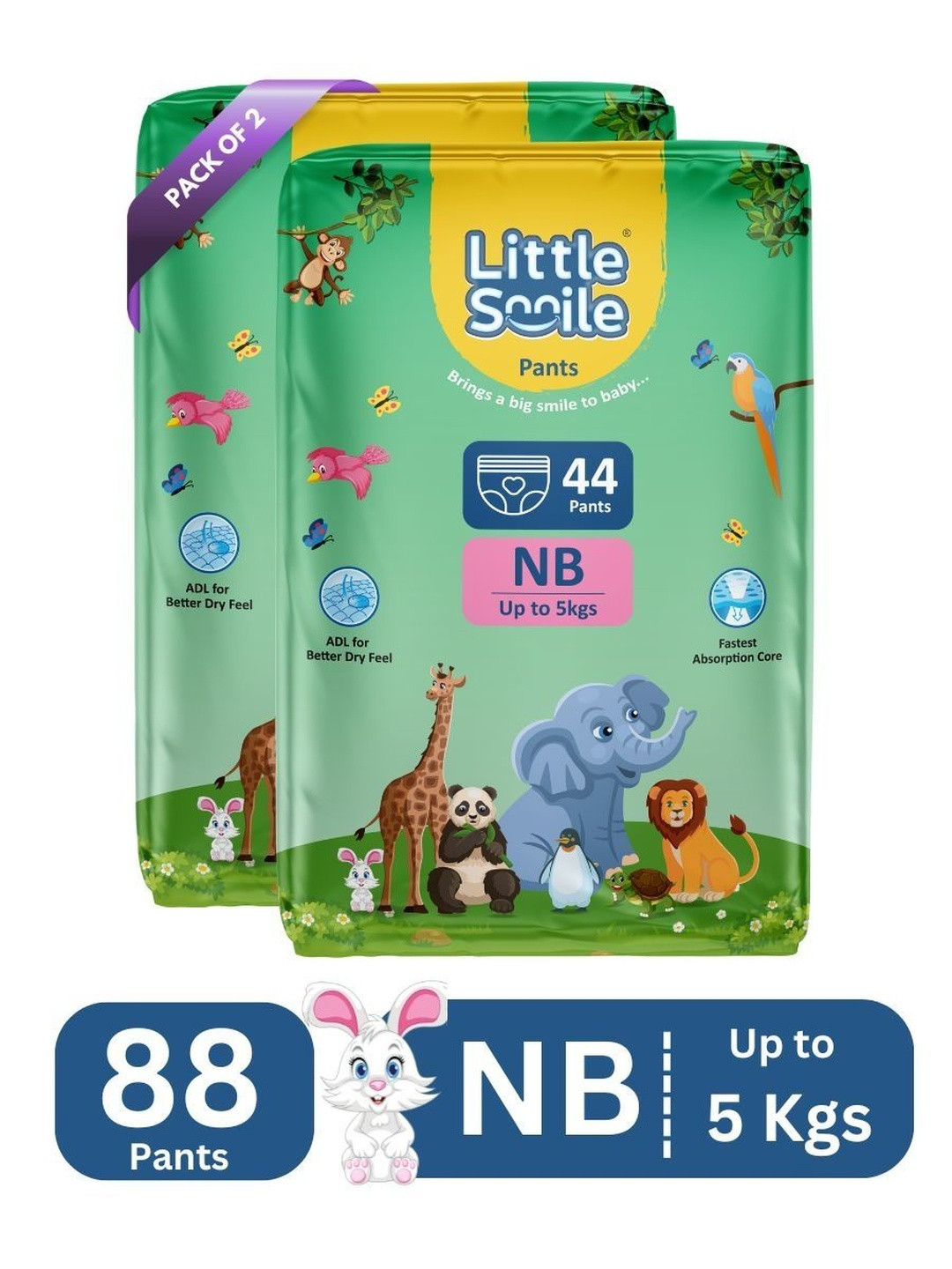Little Smile Set Of 2 Better Dry Feel Baby Diapers - 44 Pieces Each