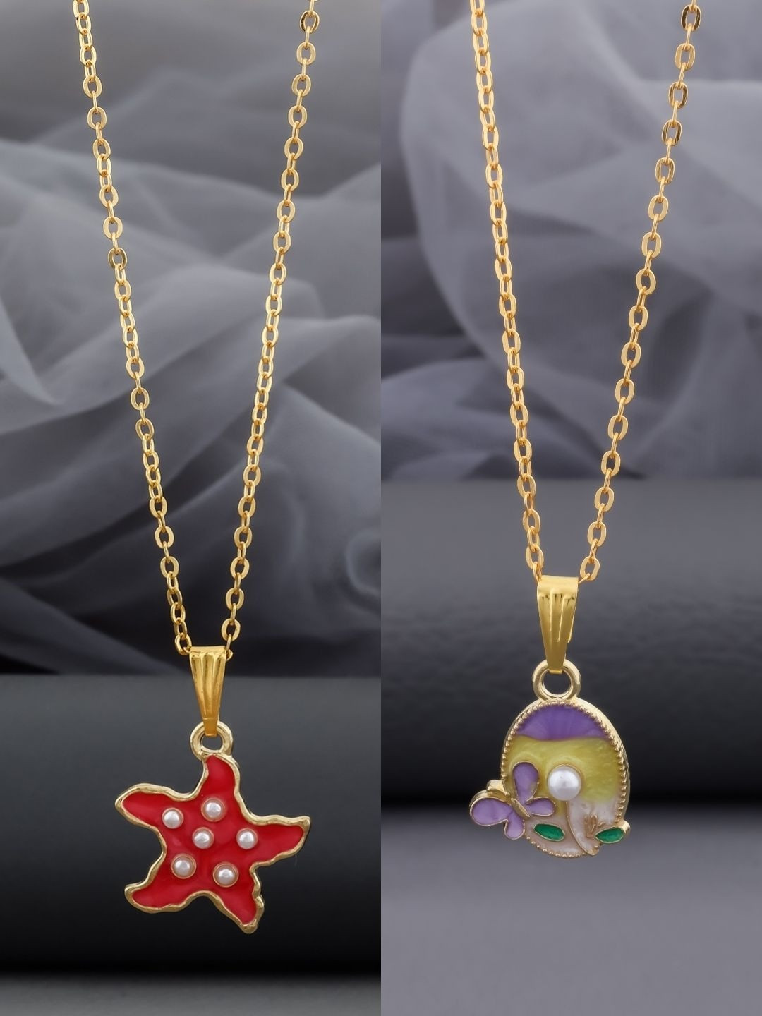 SZN Set Of 2 Stainless Steel Gold-Plated Dolphin Shaped Enamelled Pendants With Chains