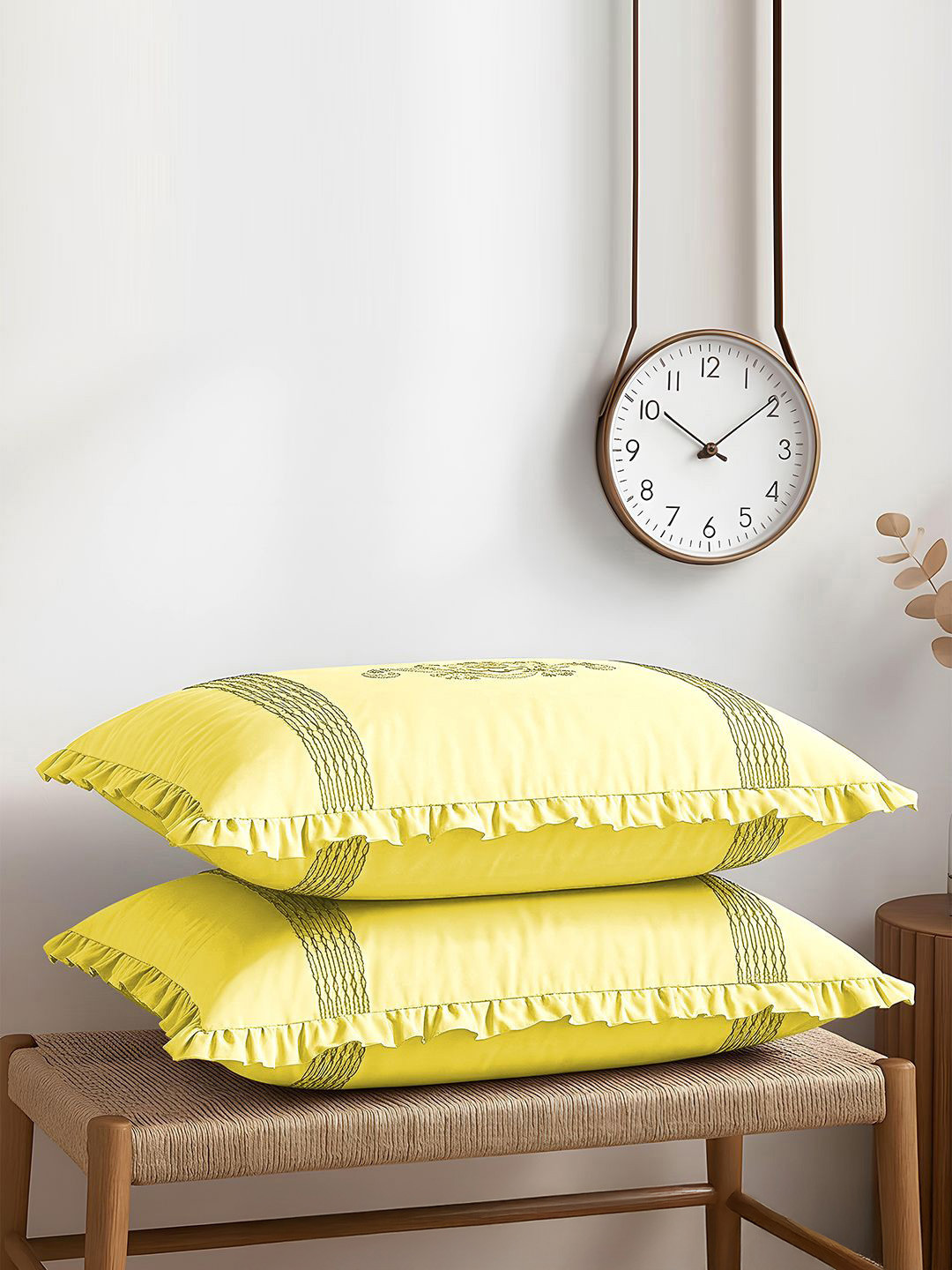 Kuber Industries Yellow 2 Pieces Self Design Pure Cotton Pillow Cover with Hidden Zipper