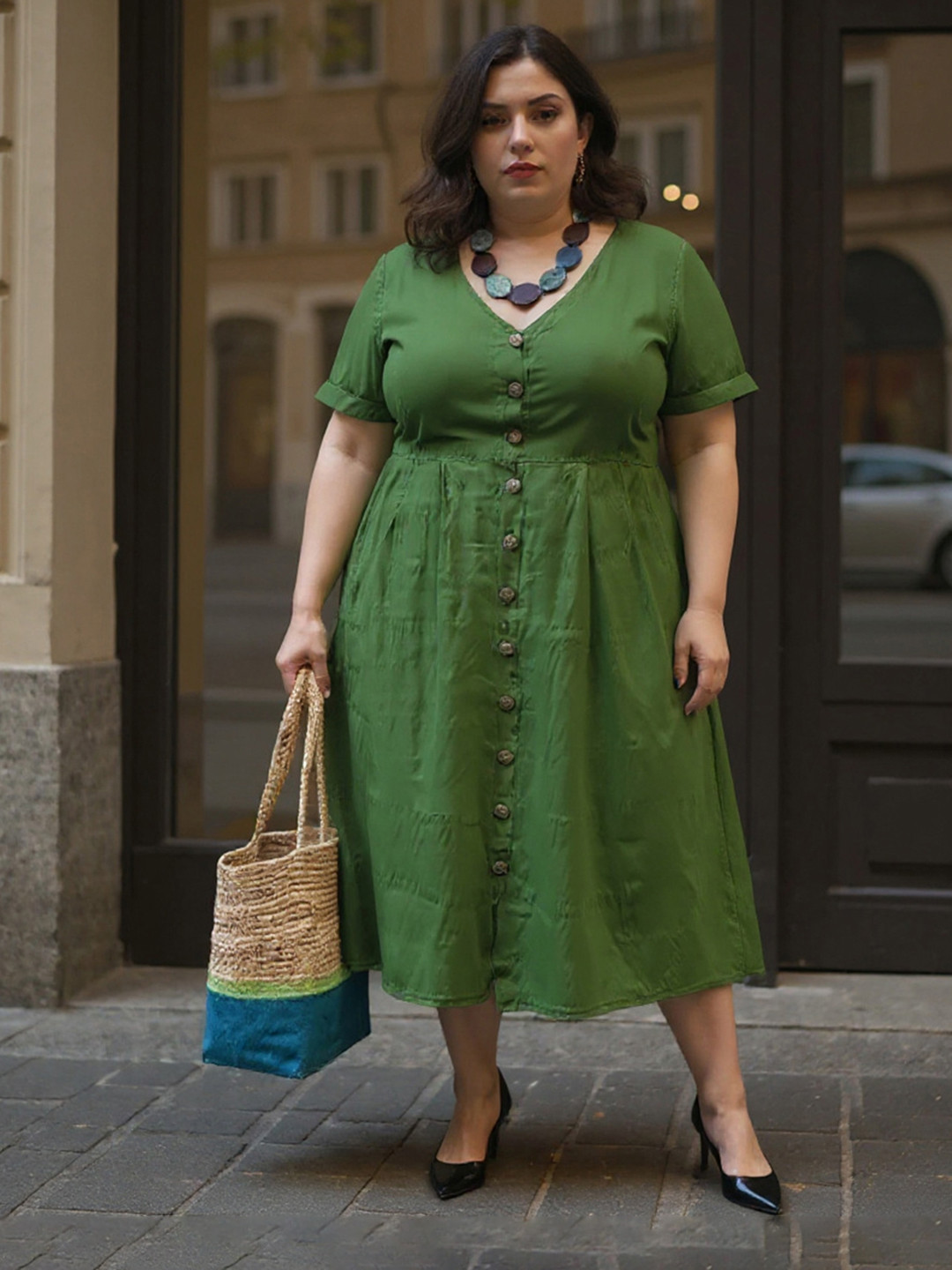 Sztori Women V-Neck Cotton Fit and Flare Midi Dress With Pocket Detail