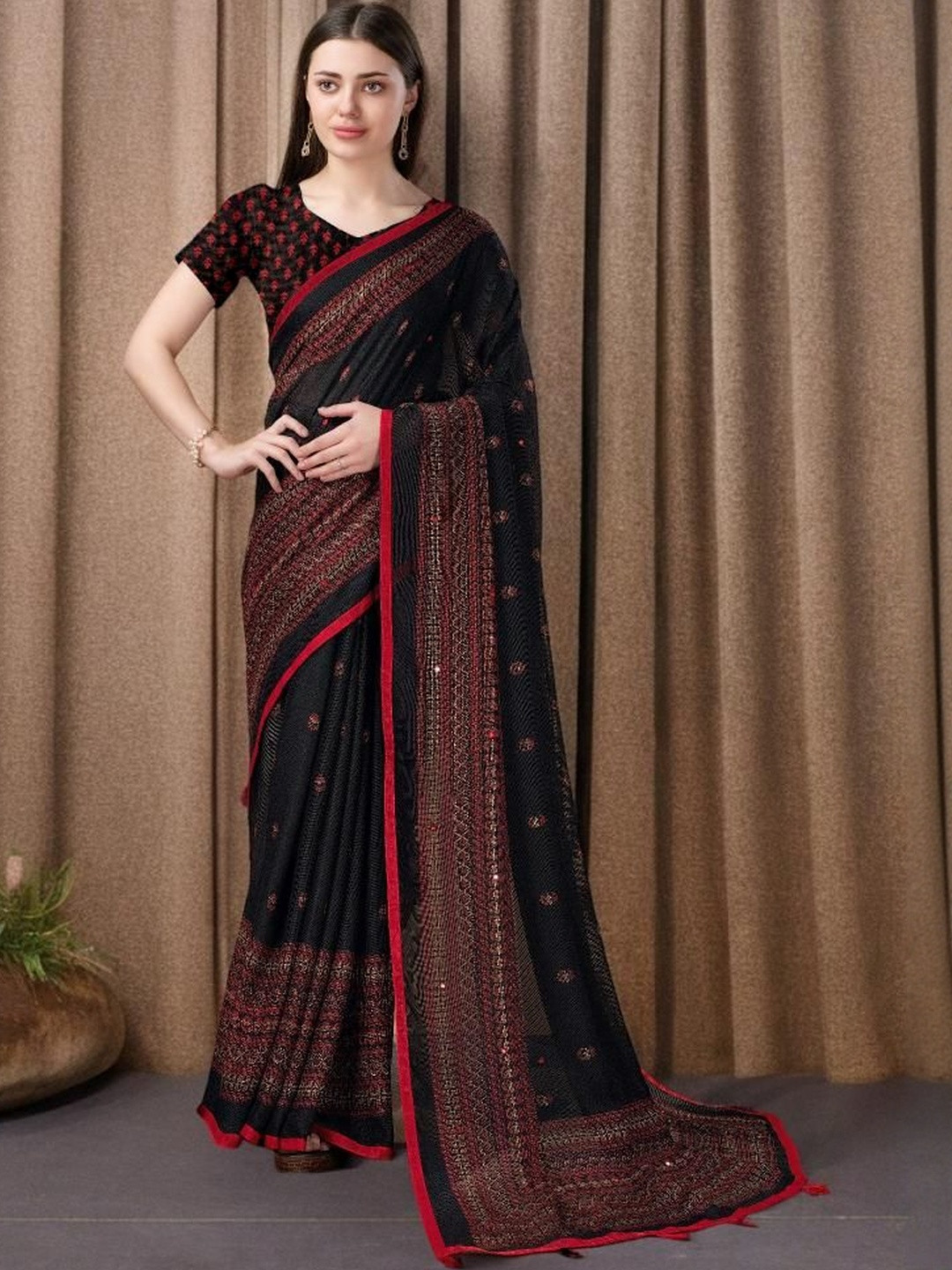 MAHALASA Ethnic Motifs Sequinned Jute Cotton Heavy Work Saree