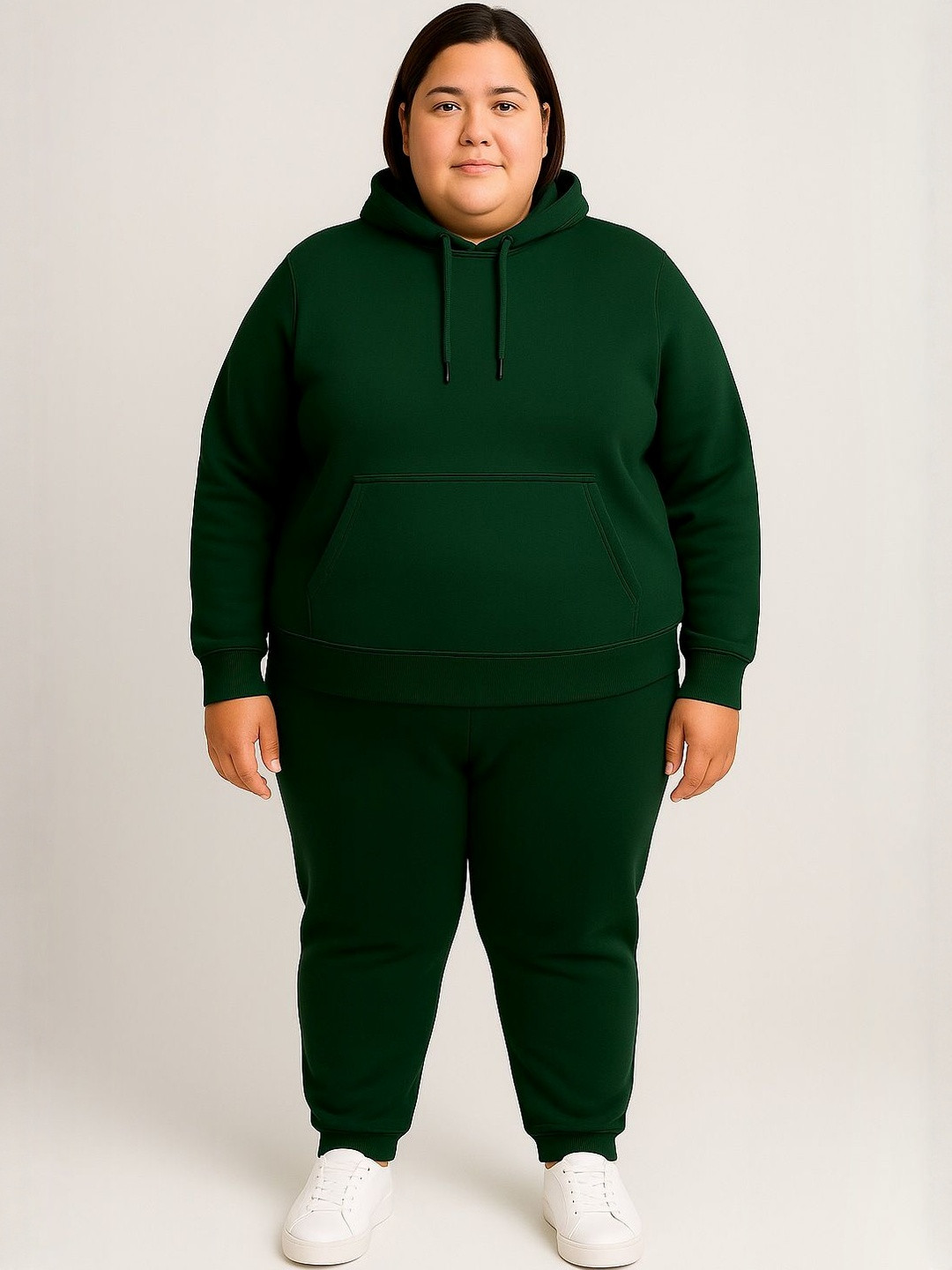 ULLAS Women Plus-Size Solid Fleece Mid-Rise Hooded Tracksuits